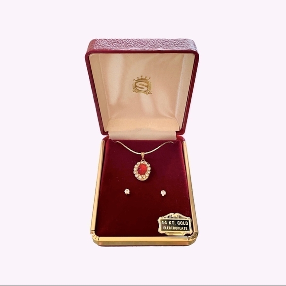 NIB Vintage 14K Gold Plated Red / White Crystal Necklace & Earrings Set Jewelry - Picture 3 of 7
